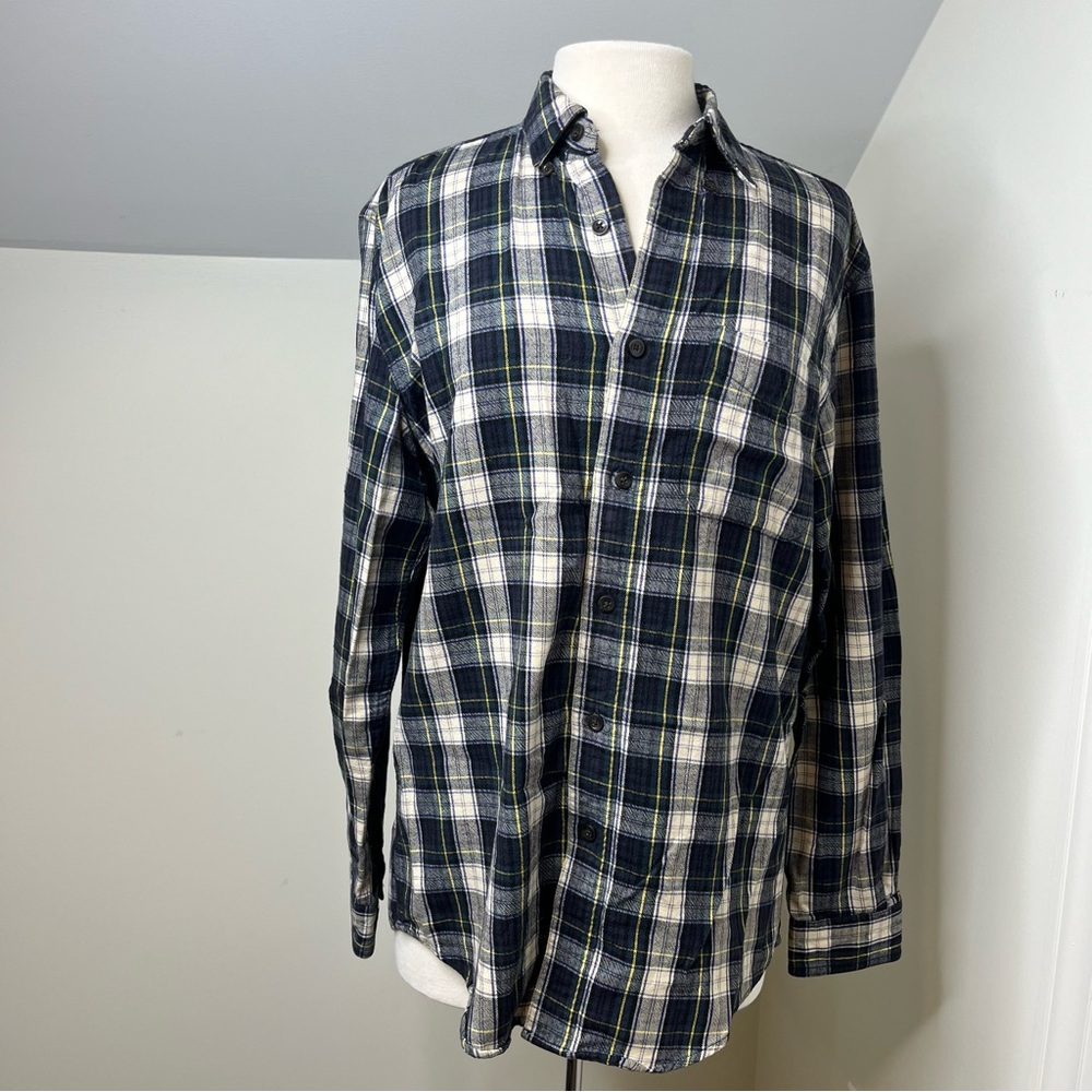 LL Bean Slightly Fitted Cotton Blue Green Plaid Flannel Button Down